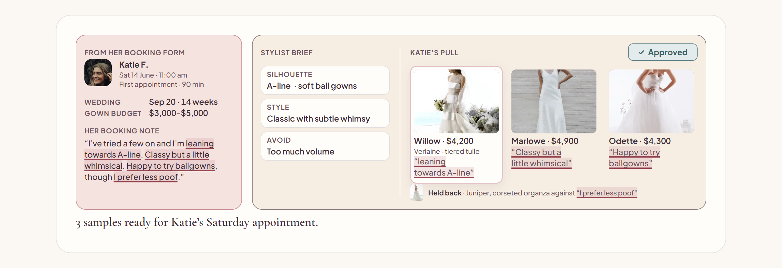 A bride's profile with her brief matched to gowns from the boutique's inventory