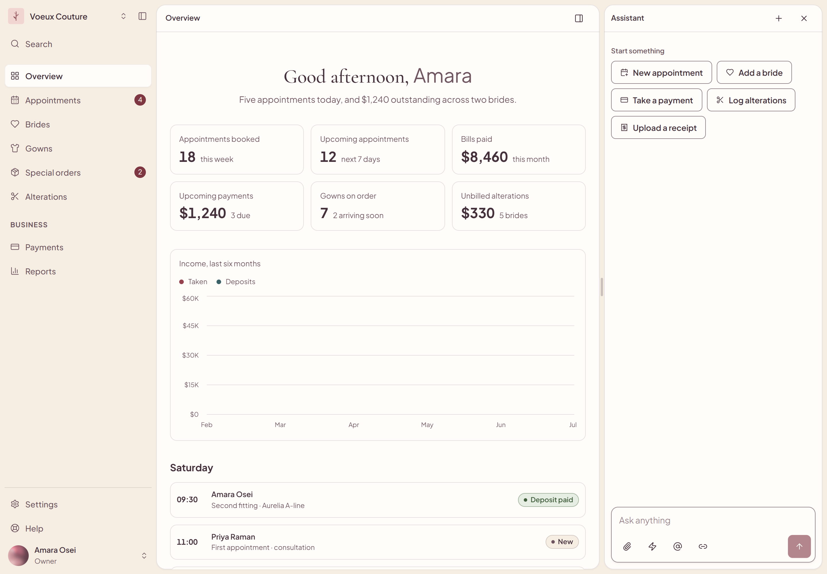 The Bridal Bench dashboard with income figures, a six-month chart, and the day's diary