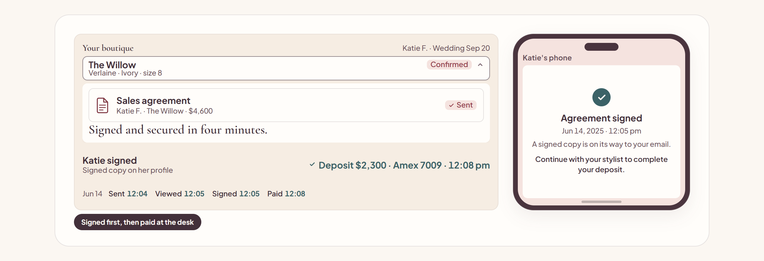 An agreement sent, signed, and the deposit collected on one screen