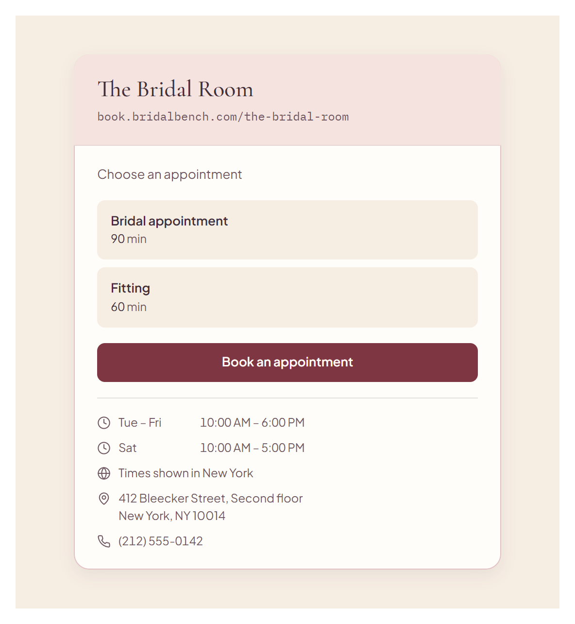 The boutique's public booking page with appointment types and open times