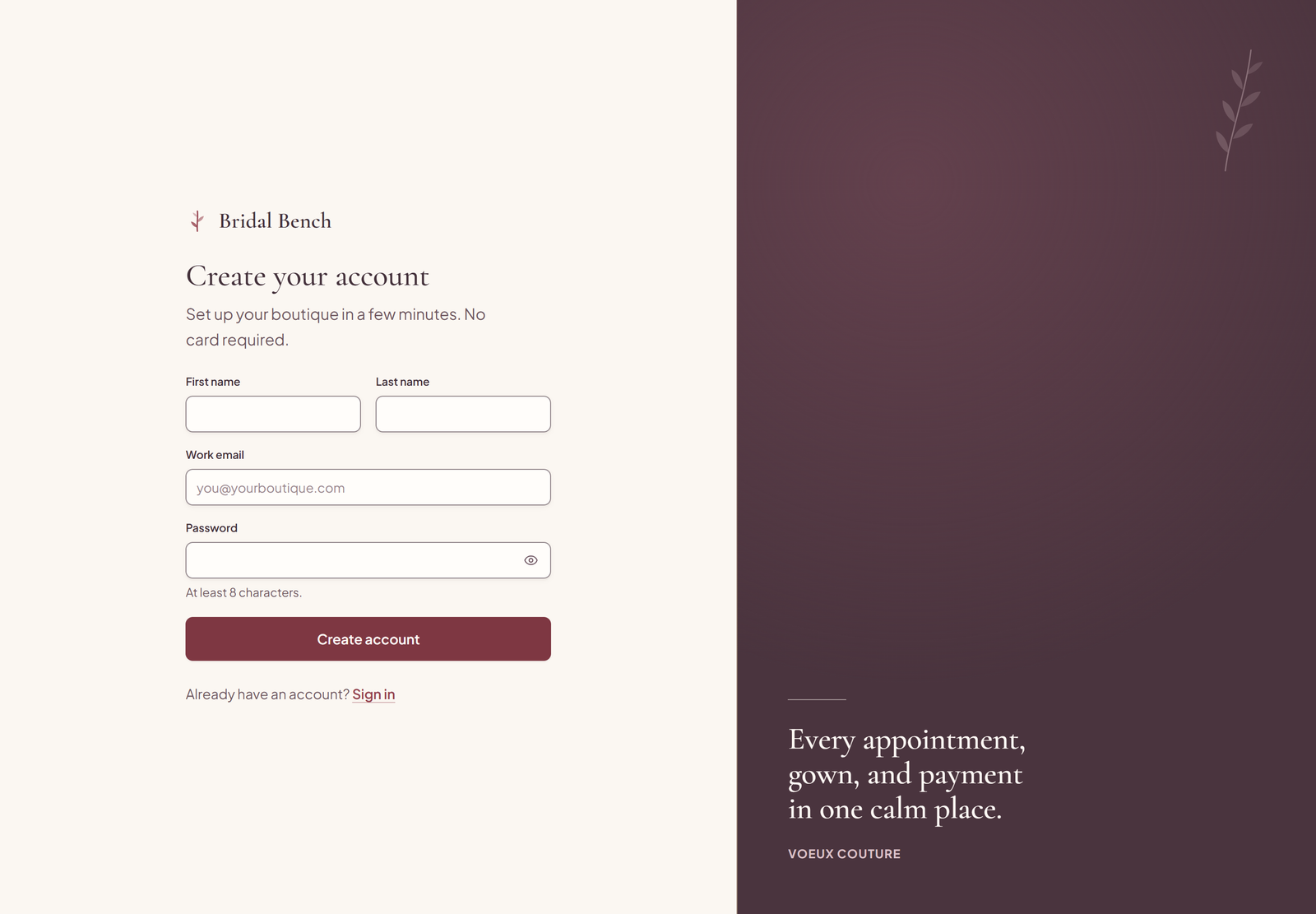 The Bridal Bench sign-up screen: a plum panel with a founding-boutique quote beside the create-account form